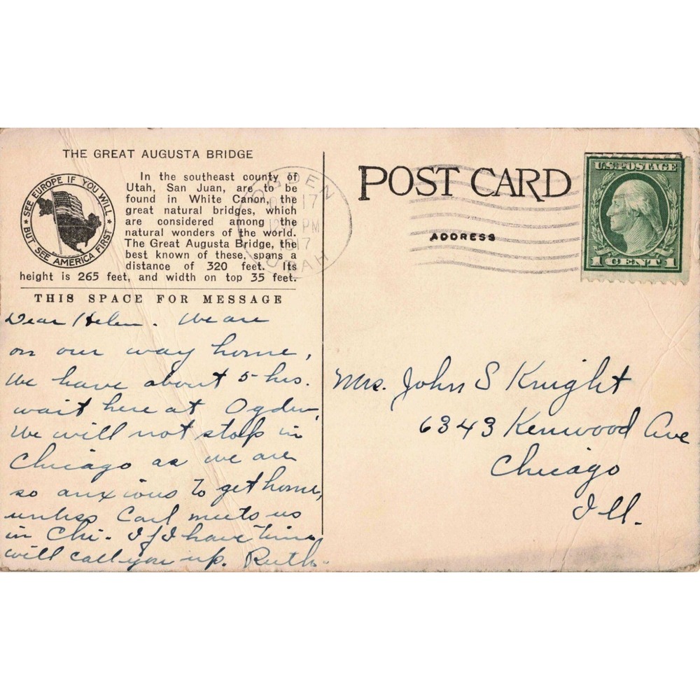 Vintage 1917 The Great Augusta Natural Bridge Utah Postcard 5332 Sipapu Bridge - Picture 2 of 2